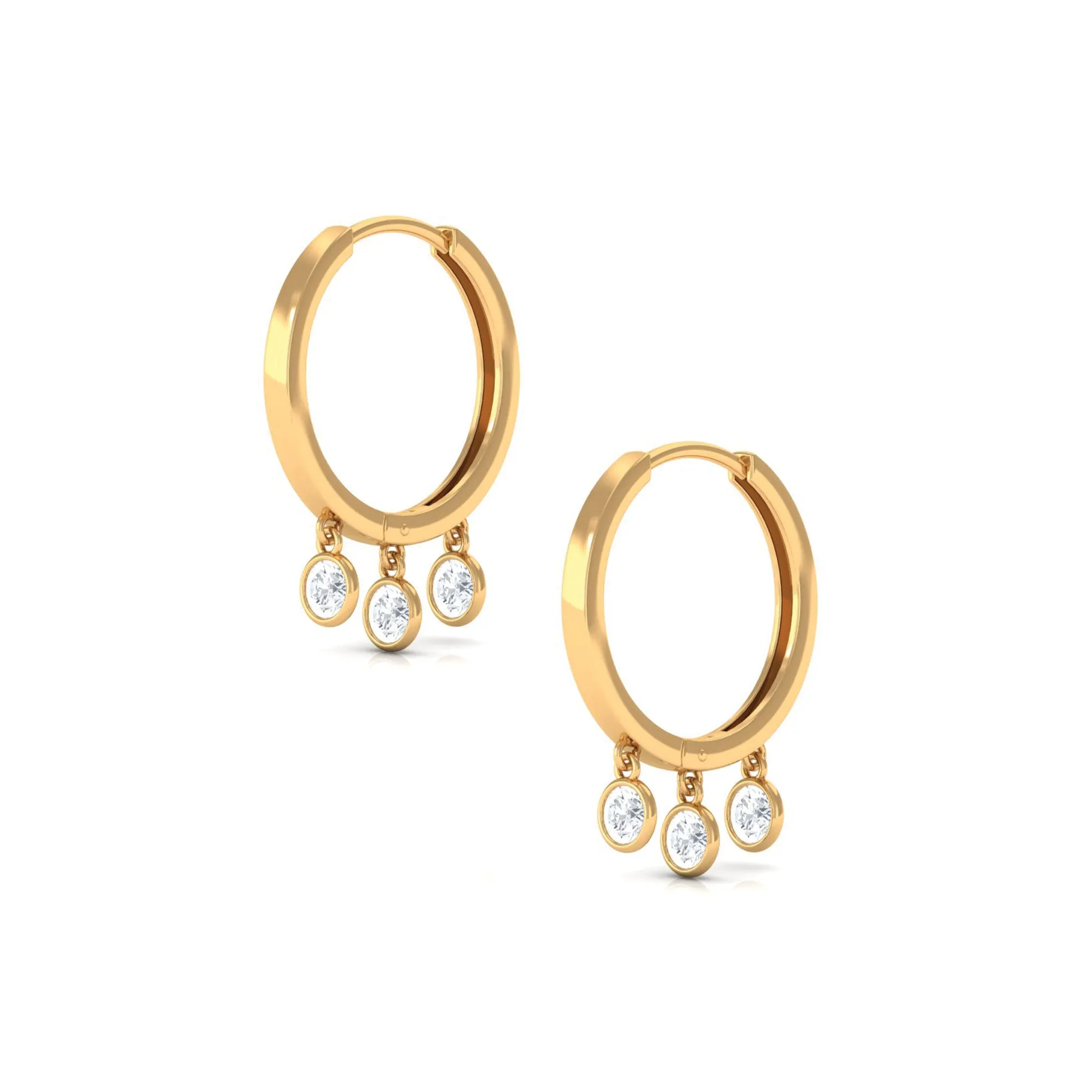 0.75 CT Gold and Diamond Three Stone Hoop Drop Earrings