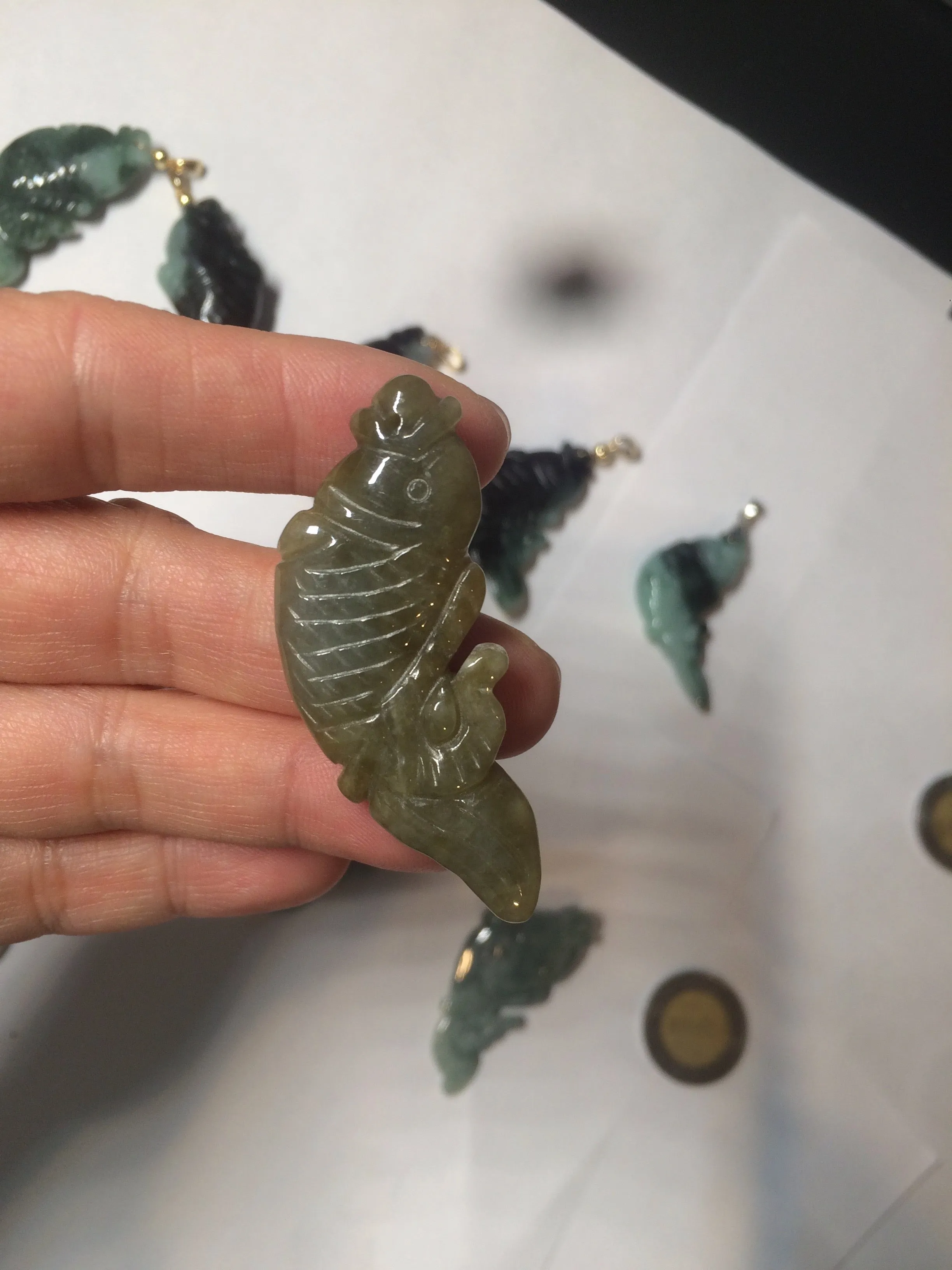 100% Natural clear blue/dark green/yellow jadeite jade 3D fish Pendant/handhold worry stone/Desk decoration BG49