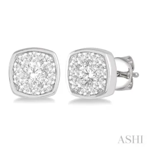 1/2 ctw Cushion Shape Round Cut Diamond Lovebright Stud Earring in 14K White Gold