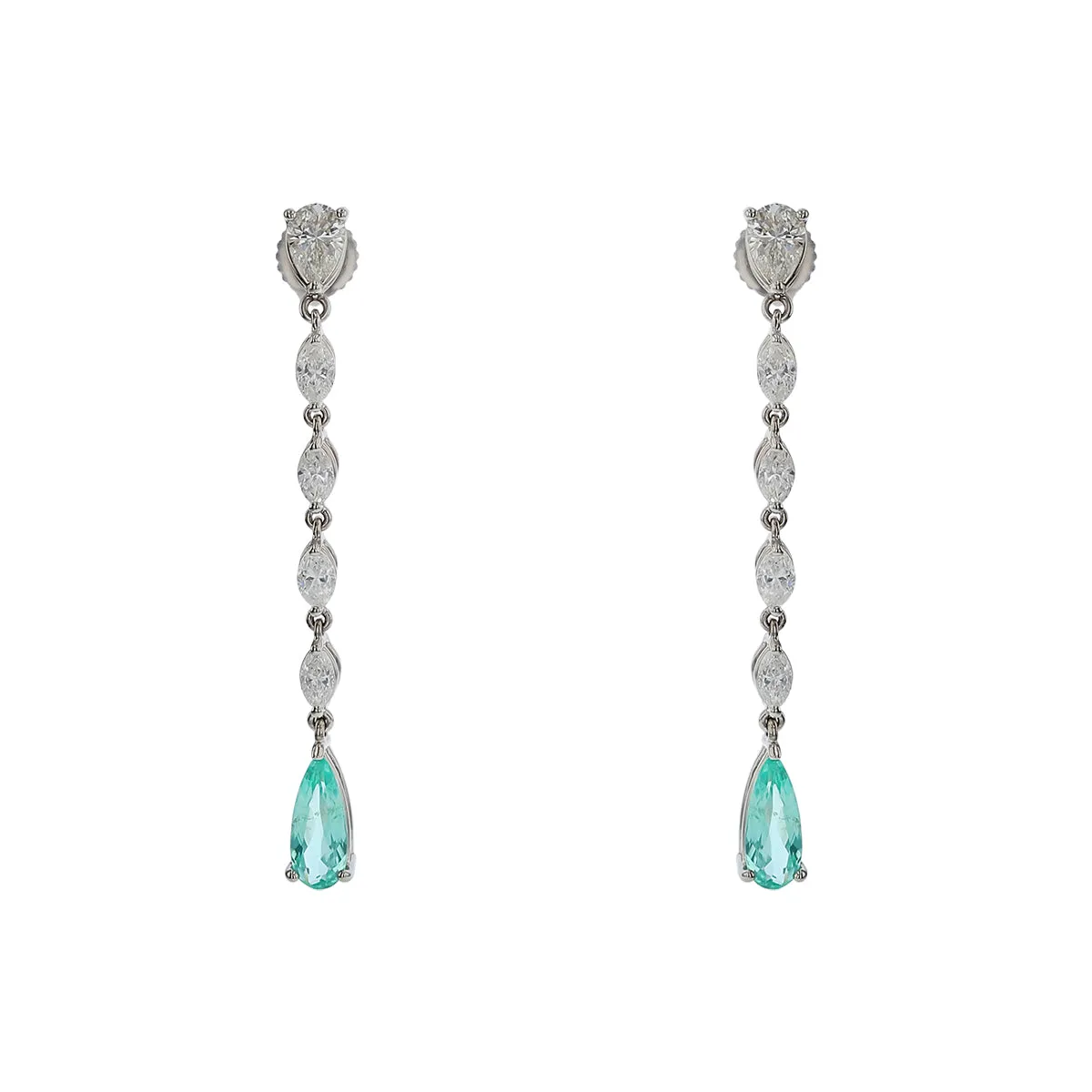 1.26ct Pear Shaped Paraiba Tourmaline 0.70ct Pear Shaped Diamond and 1.05ct Marquise Diamond Earrings in Platinum