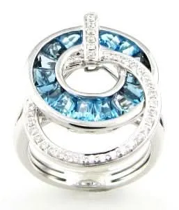 14K White Contemporary Blue Topaz and Natural Diamond Ring Size 7