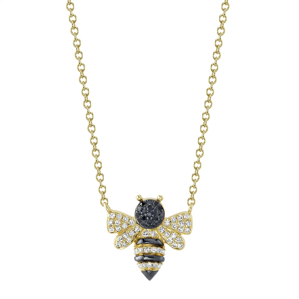 14K Yellow Gold Black and White Diamond Bee Necklace