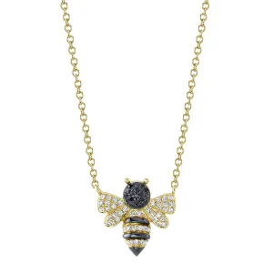 14K Yellow Gold Black and White Diamond Bee Necklace