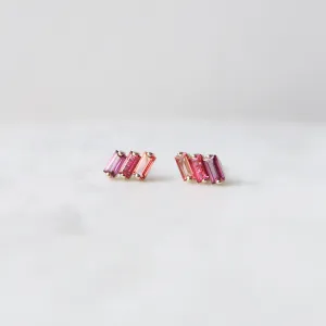 14k Yellow Gold Mixed Pink Baguette Bar Earring