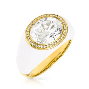 14KT Yellow Gold White Topaz White Enamel Diamond Dome Ring