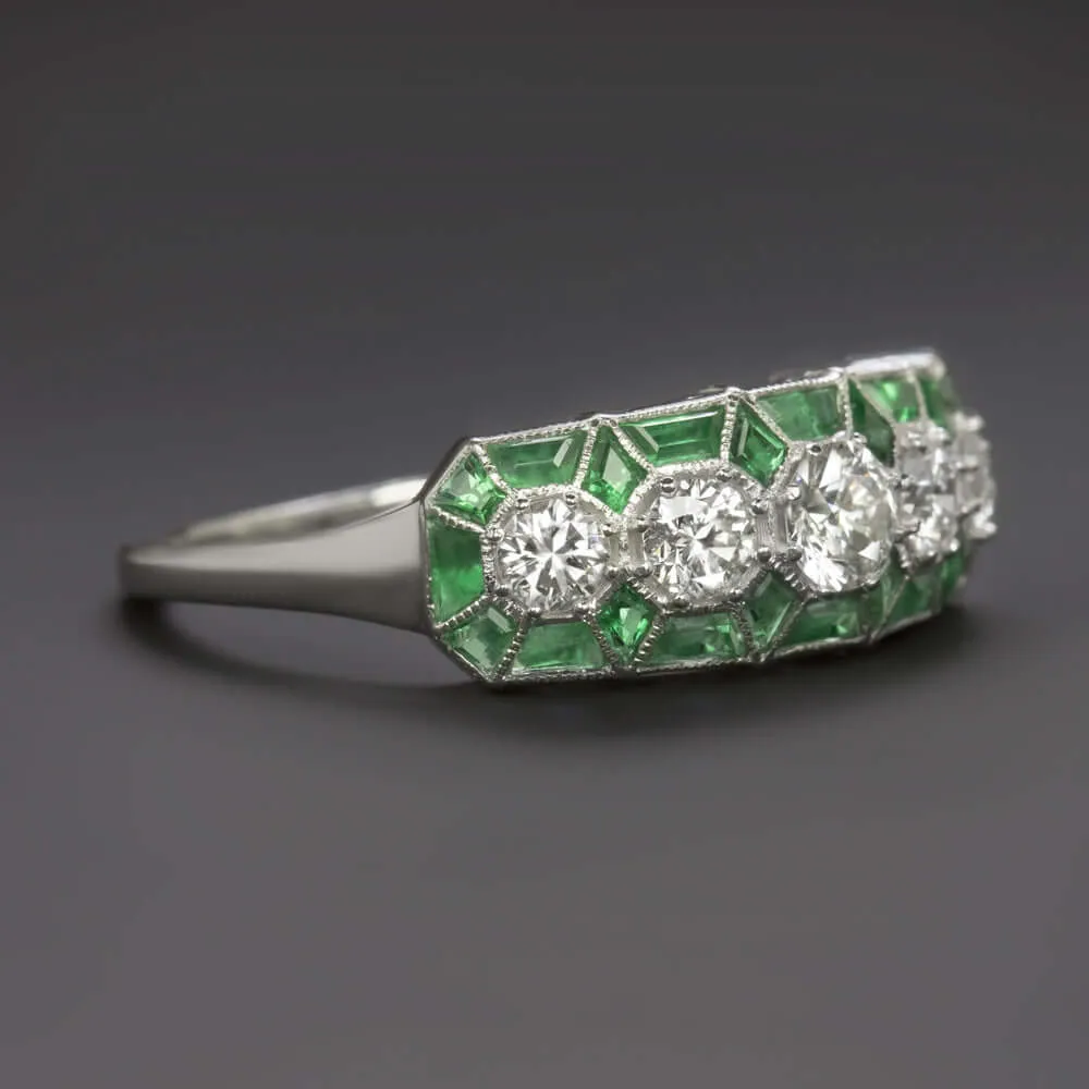 1.5ct DIAMOND EMERALD VINTAGE STYLE RING ART DECO GEOMETRIC COCKTAIL WHITE GOLD