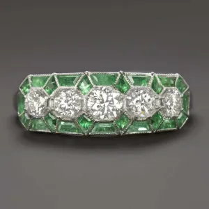 1.5ct DIAMOND EMERALD VINTAGE STYLE RING ART DECO GEOMETRIC COCKTAIL WHITE GOLD