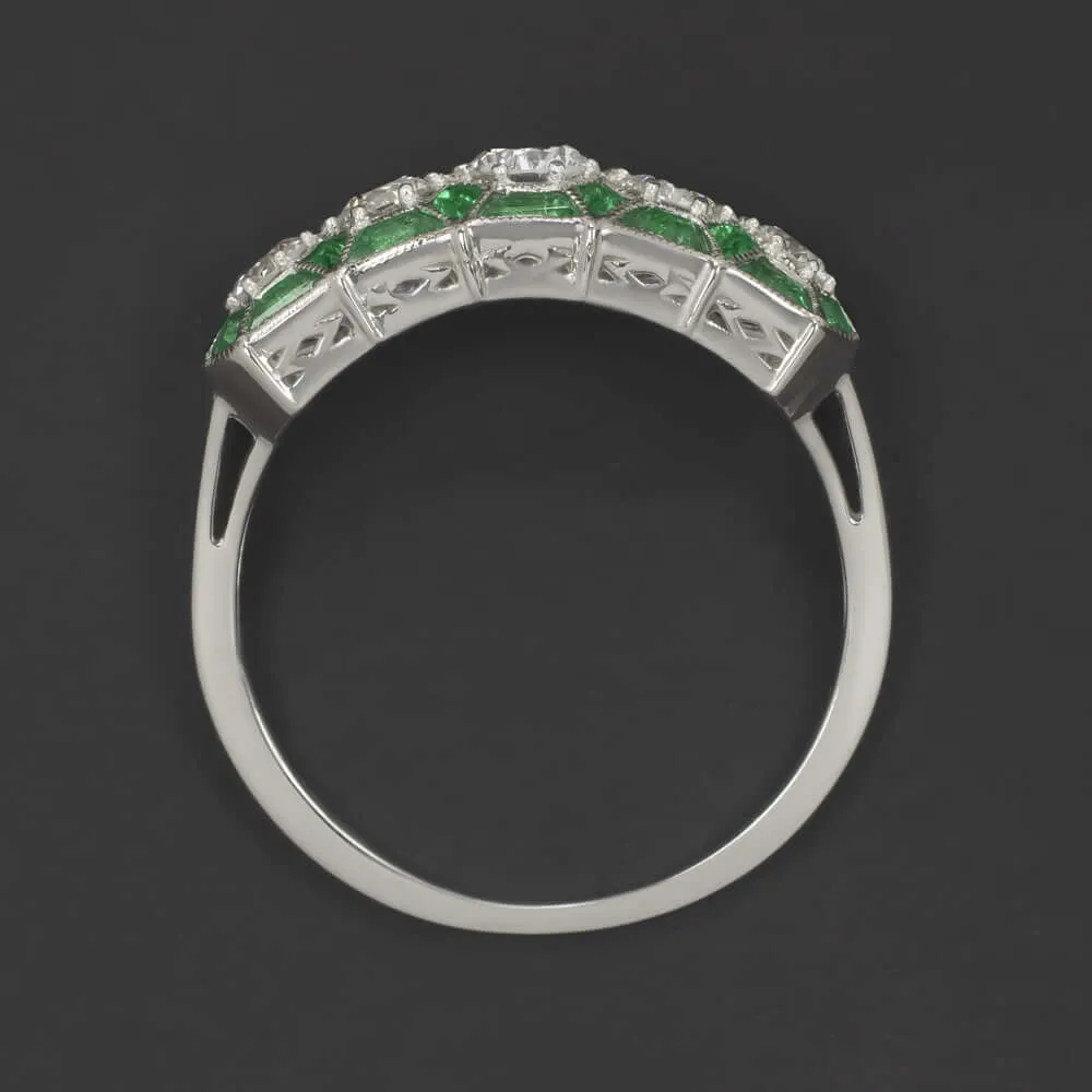 1.5ct DIAMOND EMERALD VINTAGE STYLE RING ART DECO GEOMETRIC COCKTAIL WHITE GOLD