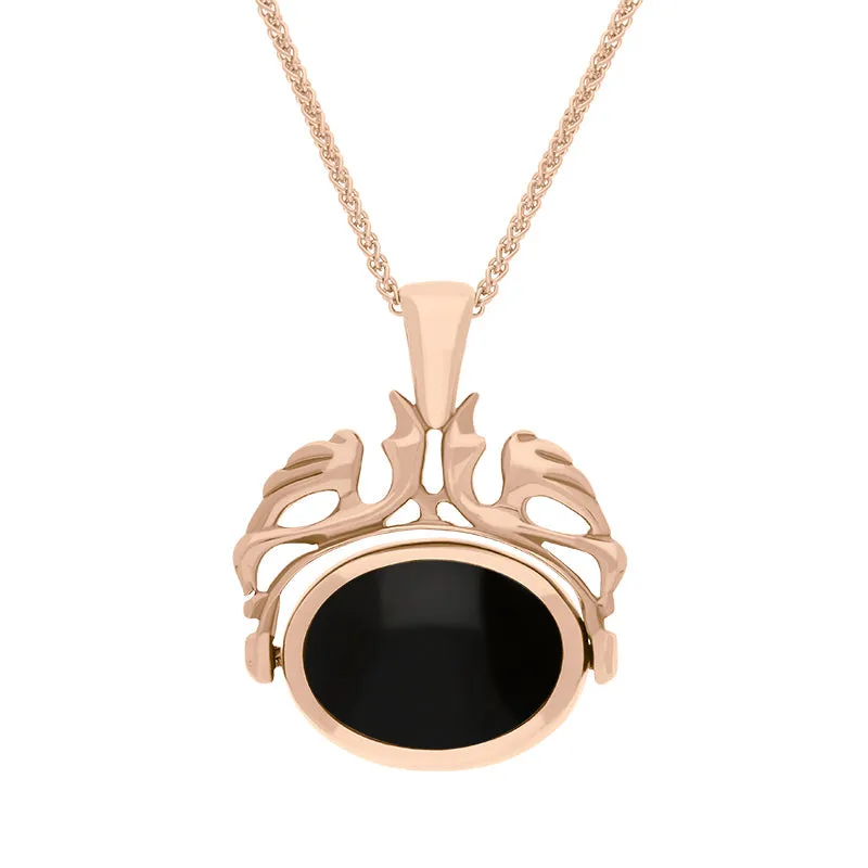 18ct Rose Gold Whitby Jet Blue John Double Sided Oval Swivel Fob Necklace