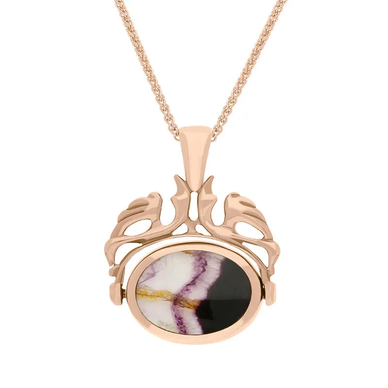 18ct Rose Gold Whitby Jet Blue John Double Sided Oval Swivel Fob Necklace