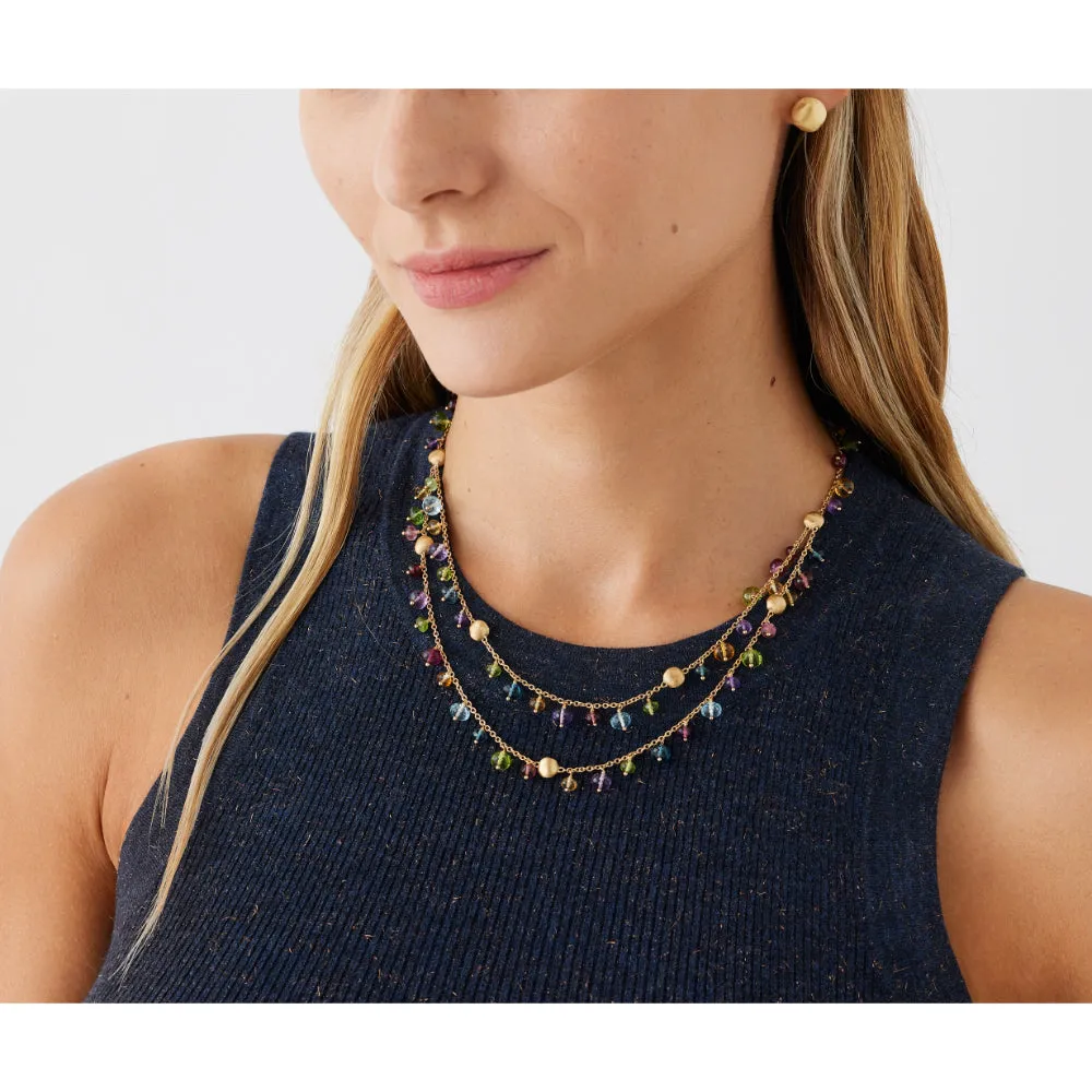 18K Gold Africa Two Strand Mixed Gemstone Necklace