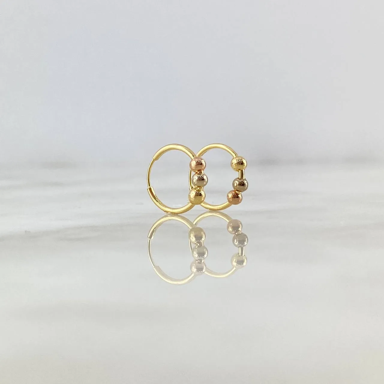 18K Three Colour Gold Wheel Smooth Ball Beads Hoop Earrings 0.95gr / 0.51in / 3mm