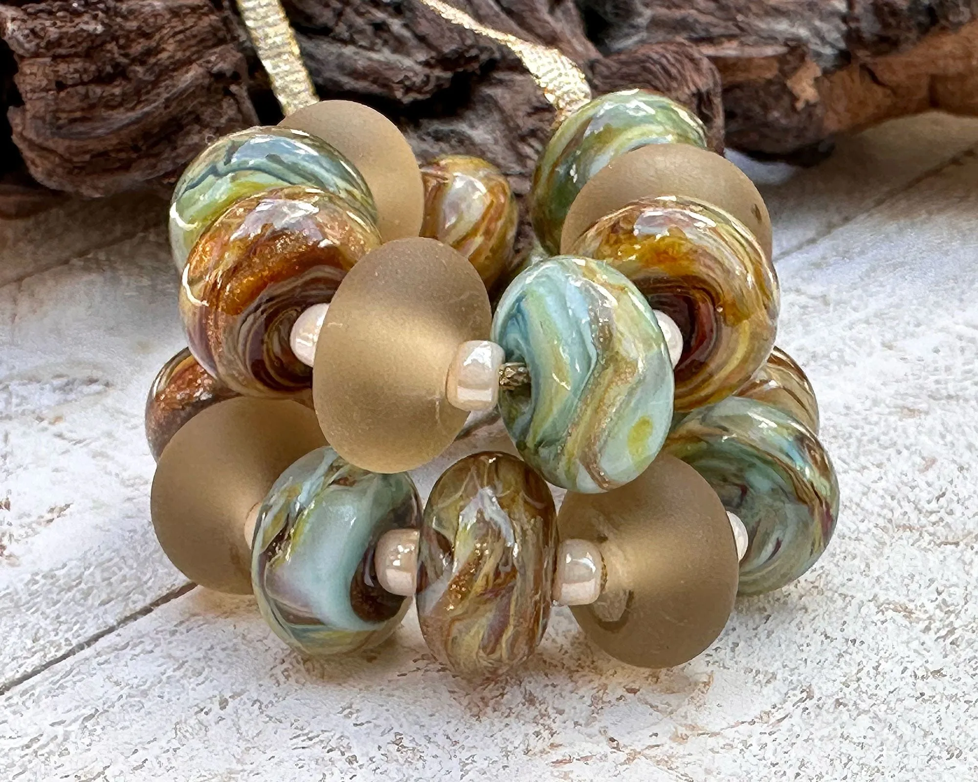 19 Green Topaz Swirl Lampwork Beads Set SRA