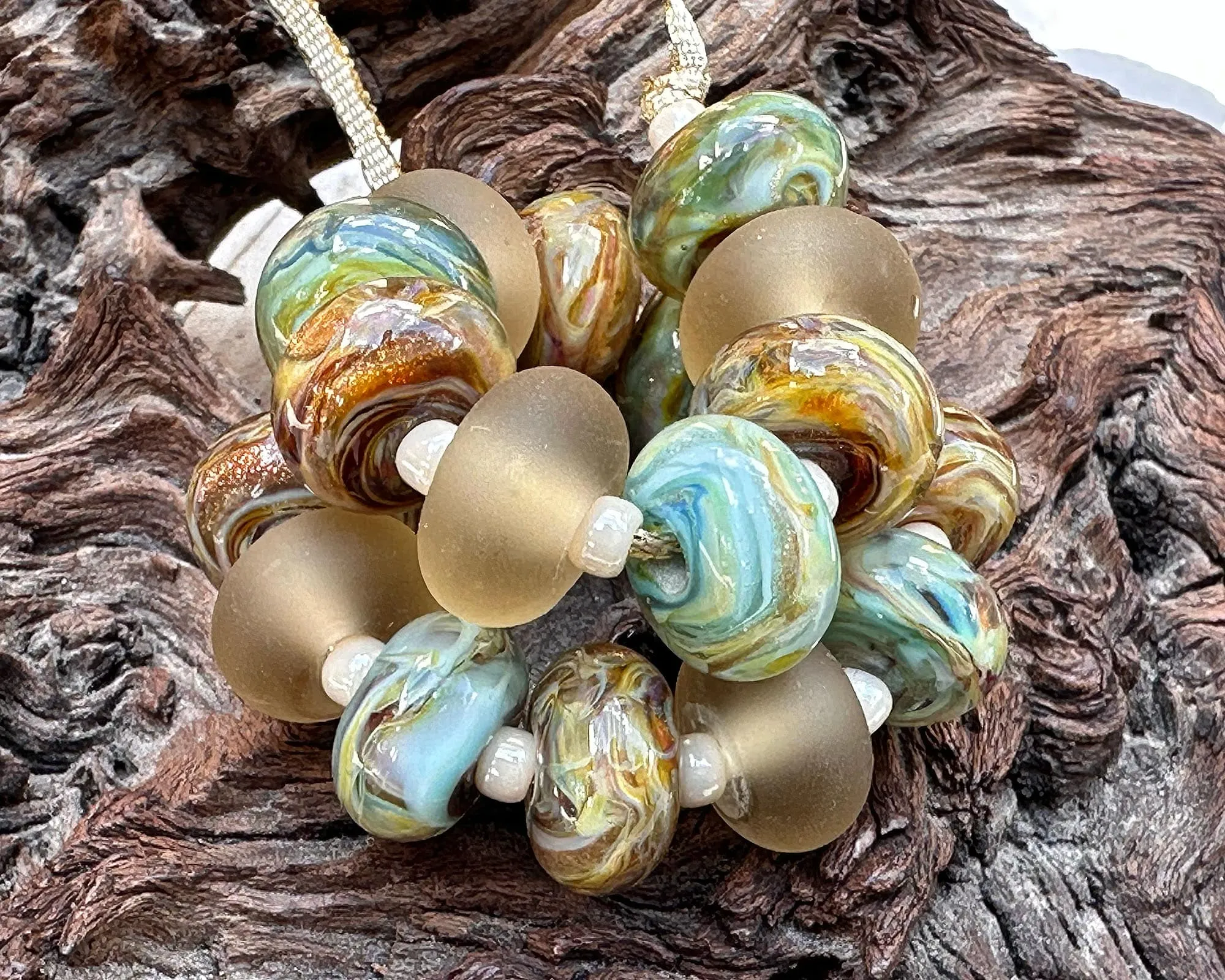 19 Green Topaz Swirl Lampwork Beads Set SRA