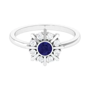 3/4 CT Bezel Set Blue Sapphire Statement Ring with Diamond