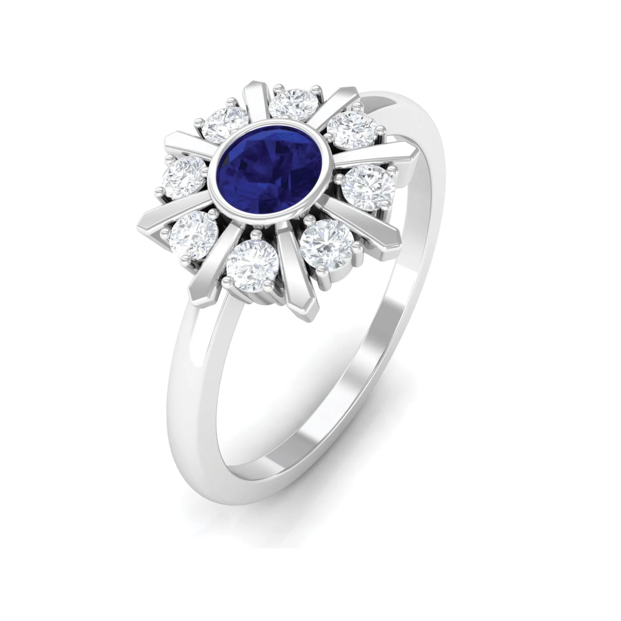 3/4 CT Bezel Set Blue Sapphire Statement Ring with Diamond