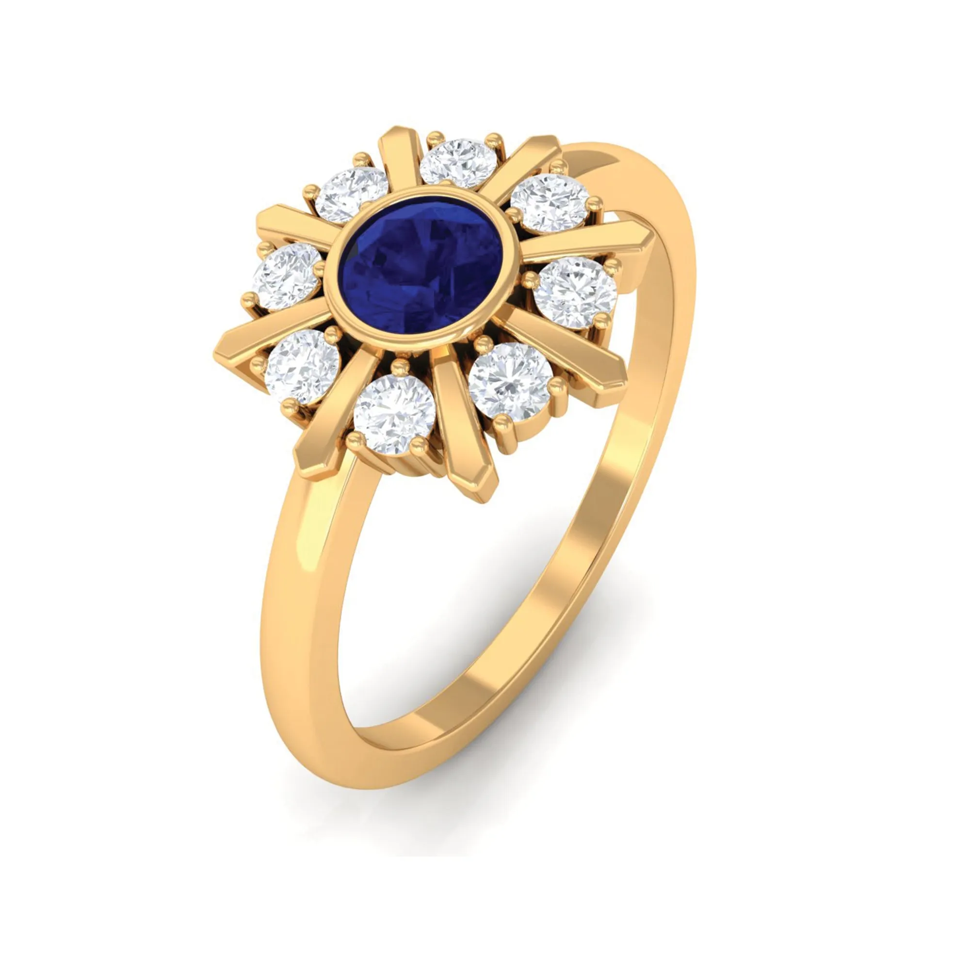 3/4 CT Bezel Set Blue Sapphire Statement Ring with Diamond