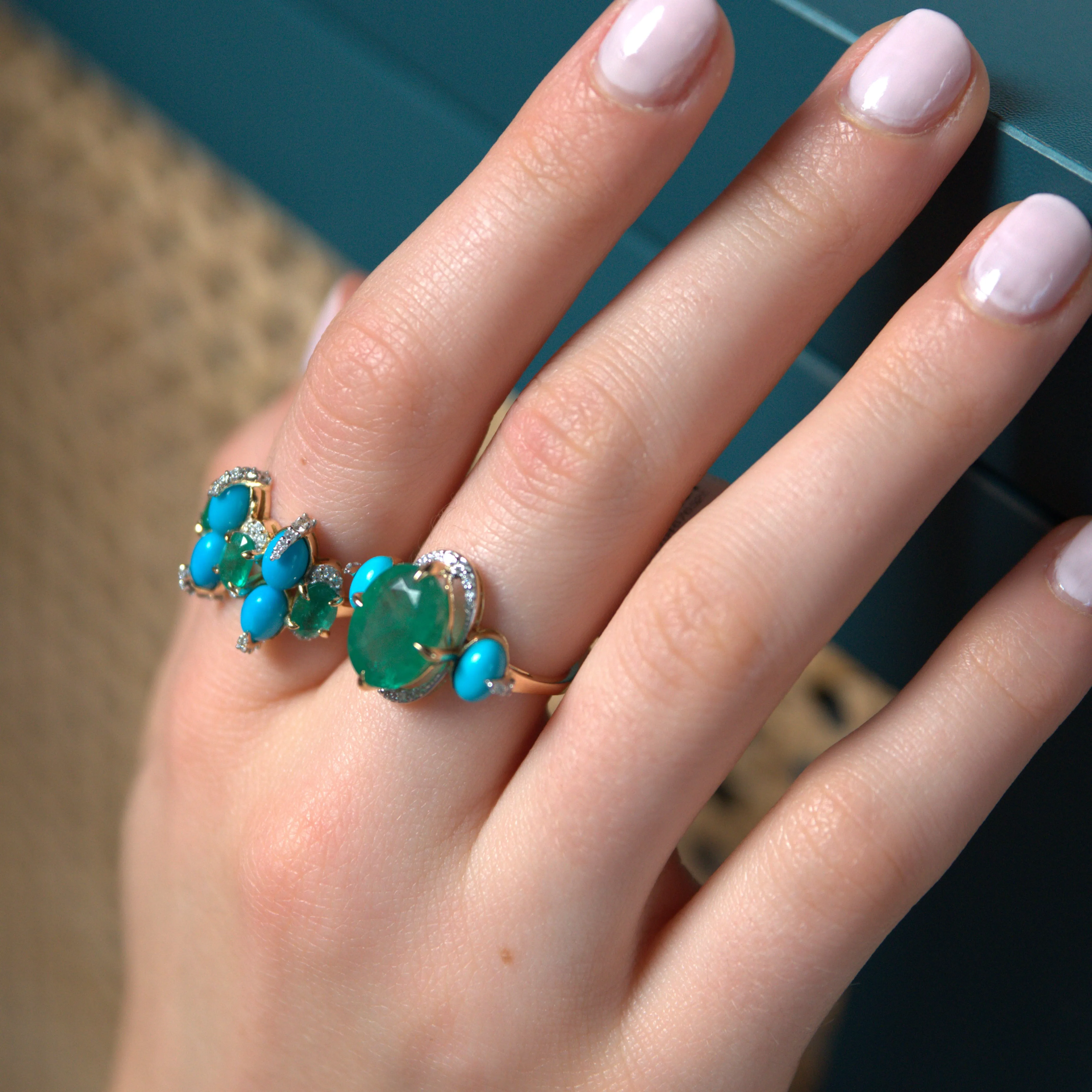 3.84ct Diamond Emerald Turquoise 18K Gold Cocktail Ring