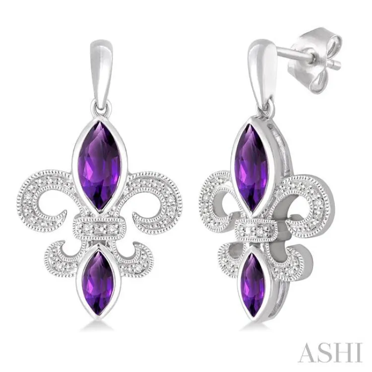 8x4 MM Marquise Cut Amethyst, 6x3 MM Marquise Cut Amethyst and 1/20 Ctw Round Cut Diamond Fleur De Lis Earrings in Sterling Silver