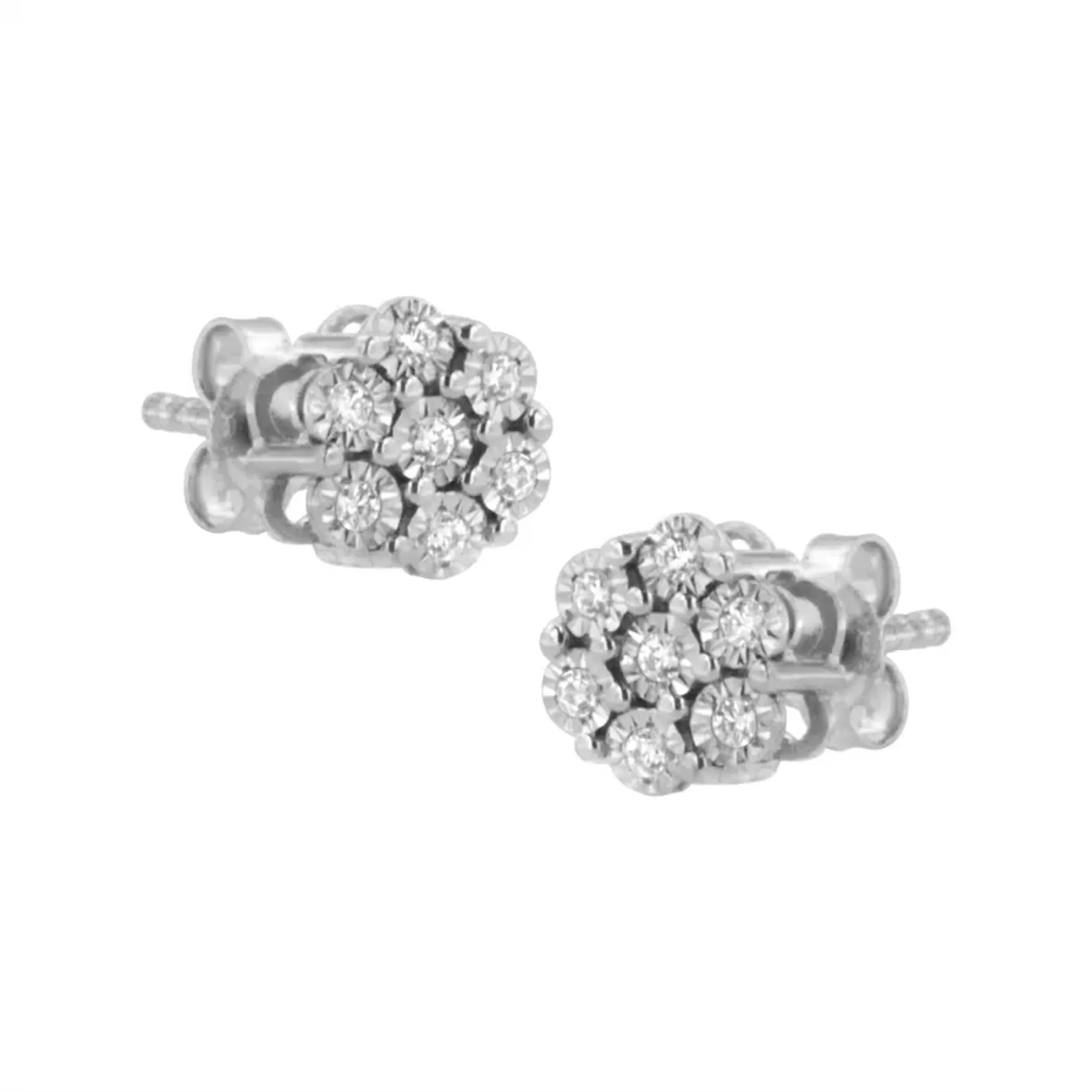 .925 Sterling Silver 1/10 Cttw Round-Cut Diamond Miracle-Set Floral Cluster Button Stud Earrings (I-J Color, I2-I3 Clarity)