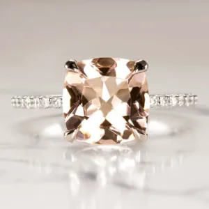 9MM CUSHION PEACH PINK MORGANITE DIAMOND ENGAGEMENT RING PAVE BAND 14 WHITE GOLD