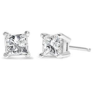 AGS Certified 14k Gold 4-Prong Set Princess-Cut Solitaire Diamond Push Back Stud Earrings (I-J Color, SI1-SI2 Clarity)