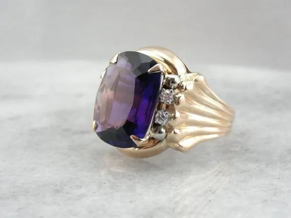 Amethyst Retro Era Rose Gold and Diamond Cocktail Ring