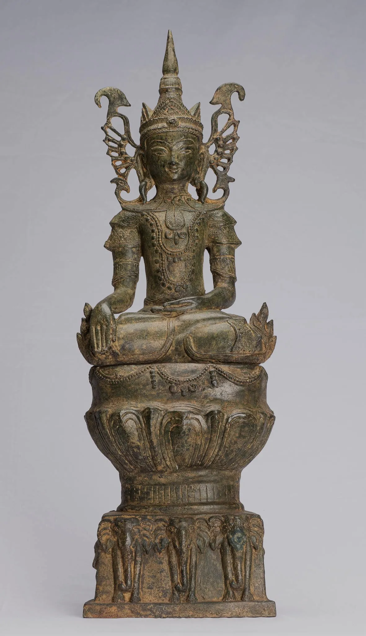 Antique Burmese Style Bronze Shan Enlightenment Seated Buddha Statue Elephant Throne - 61cm/24"