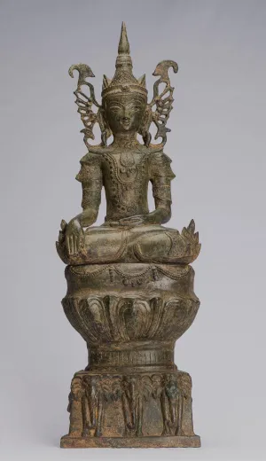 Antique Burmese Style Bronze Shan Enlightenment Seated Buddha Statue Elephant Throne - 61cm/24"