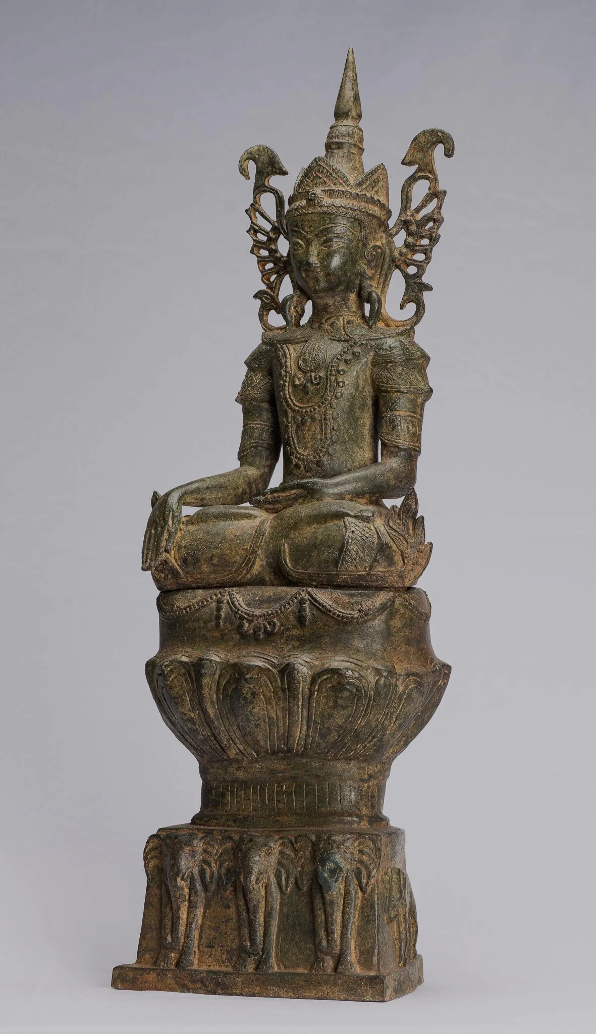 Antique Burmese Style Bronze Shan Enlightenment Seated Buddha Statue Elephant Throne - 61cm/24"