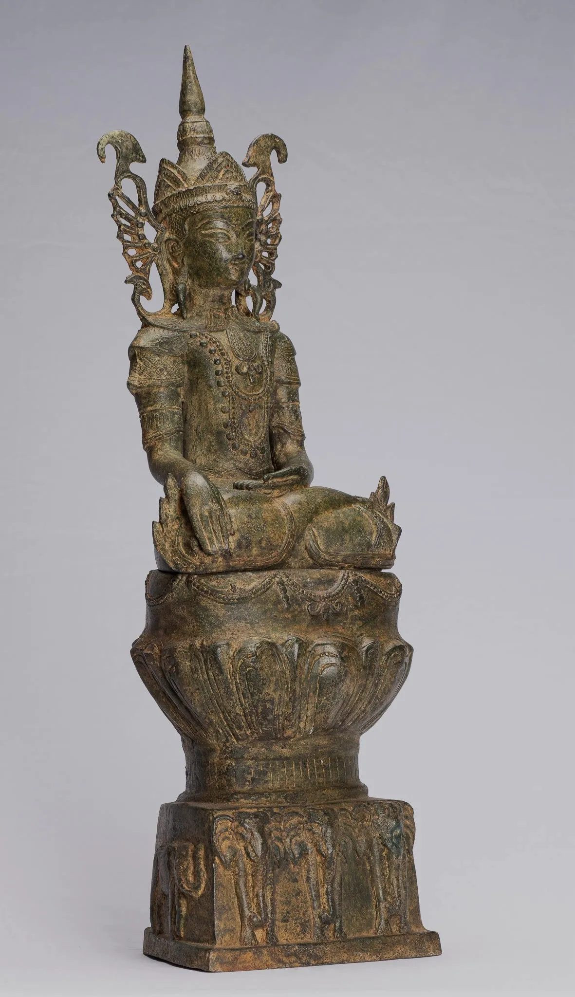 Antique Burmese Style Bronze Shan Enlightenment Seated Buddha Statue Elephant Throne - 61cm/24"