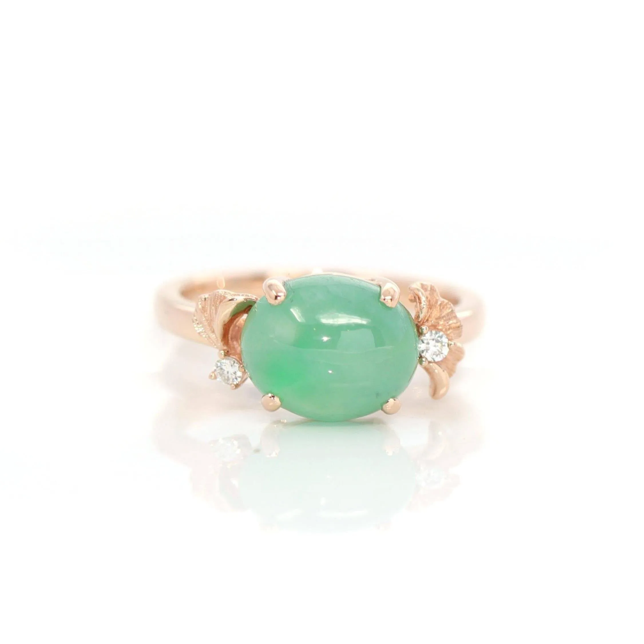 Baikalla™ "Alice" 18k Rose Gold Natural Imperial Green Jadeite Jade Engagement Ring With Diamonds