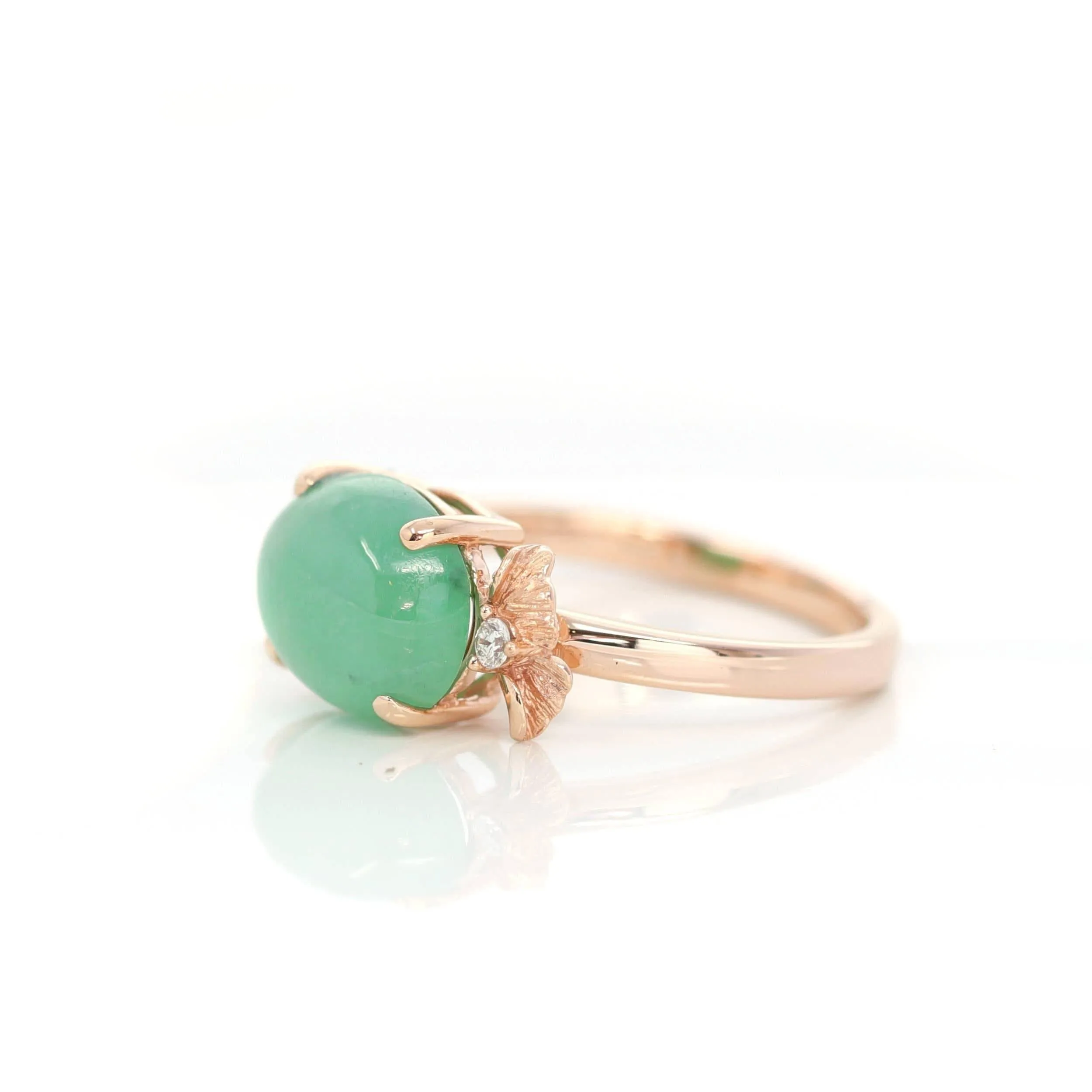 Baikalla™ "Alice" 18k Rose Gold Natural Imperial Green Jadeite Jade Engagement Ring With Diamonds