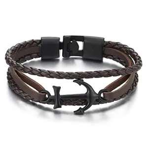 Black Marine Anchor Brown Braided Leather Bangle Bracelet Men Women, Three-Row Wristband