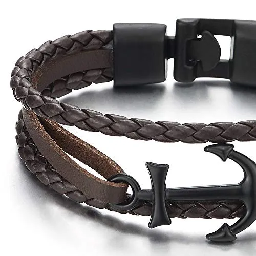 Black Marine Anchor Brown Braided Leather Bangle Bracelet Men Women, Three-Row Wristband