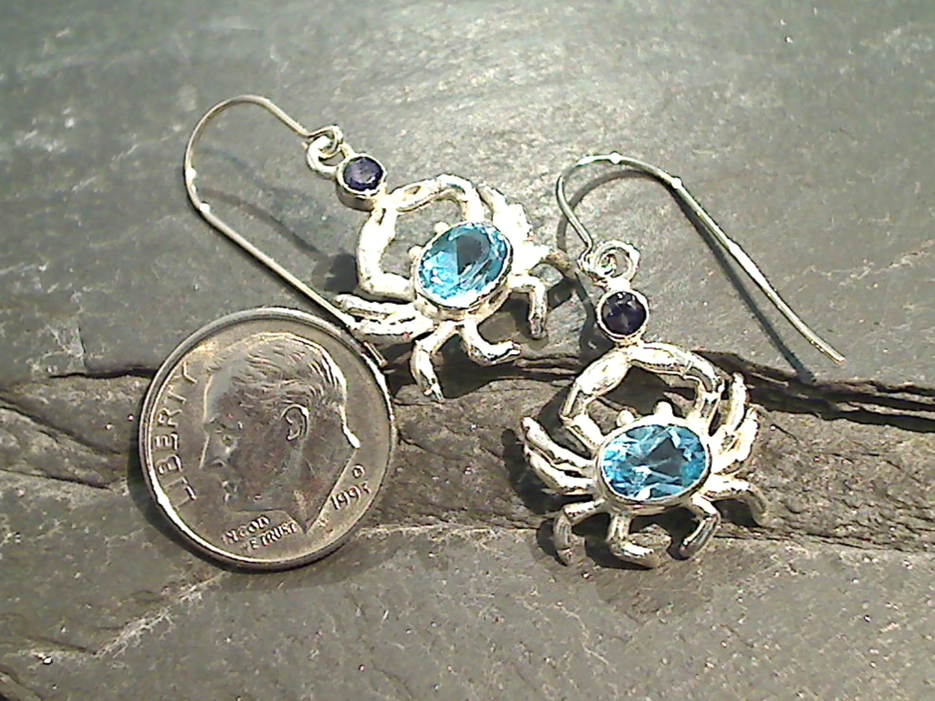 Blue Topaz, Iolite, Sterling Silver Crab Earrings