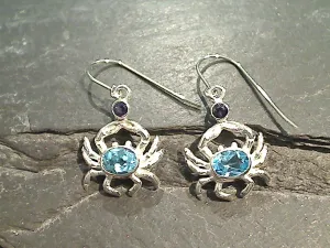 Blue Topaz, Iolite, Sterling Silver Crab Earrings