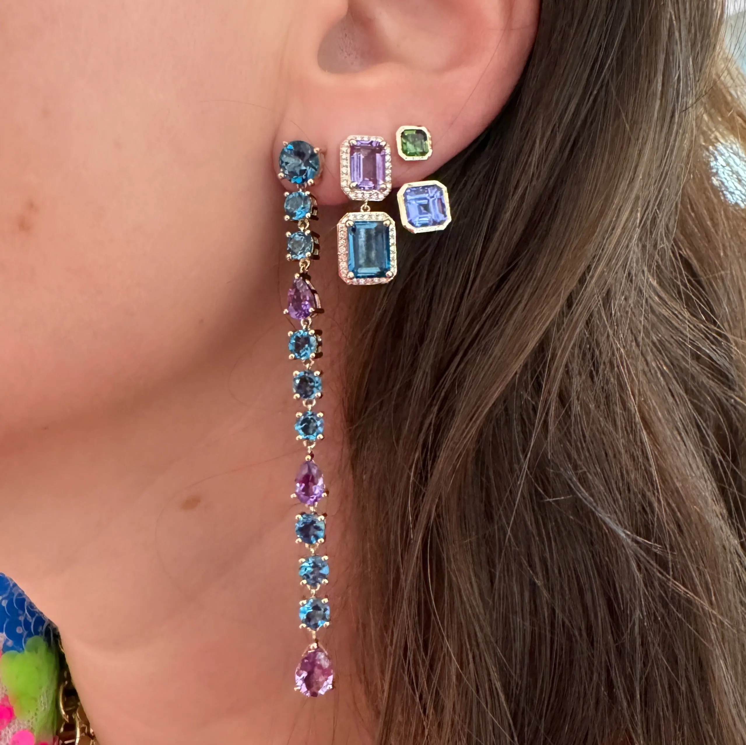 Bold Blue Topaz & Amethyst Emerald Cut Drop Earrings