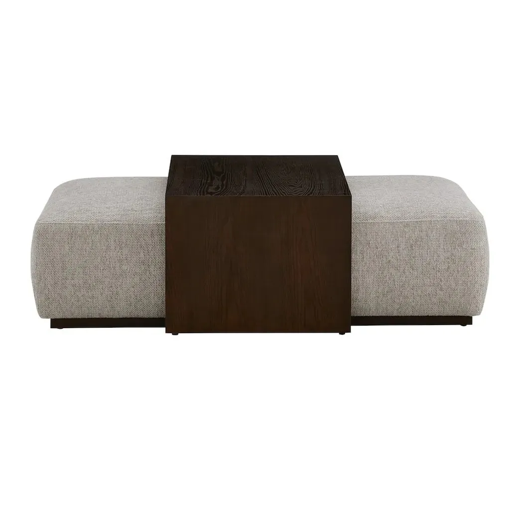 Cocktail Ottoman in Subtle Chalk Performance Fabric and Dark Cinder Ash Wood 48 inch