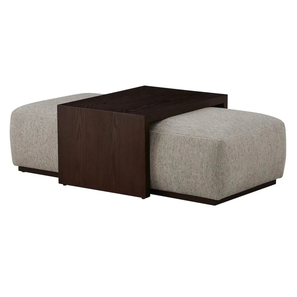 Cocktail Ottoman in Subtle Chalk Performance Fabric and Dark Cinder Ash Wood 48 inch