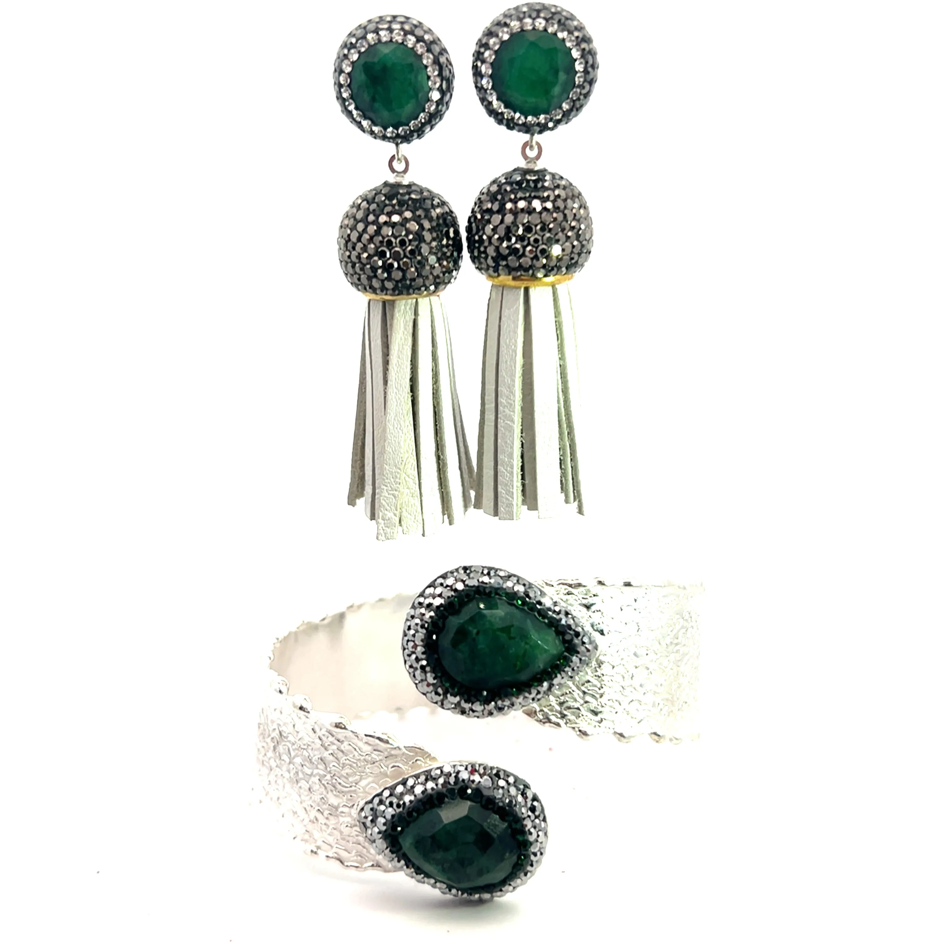 Emerald & Leather Tassel Silver Wraparound Adjustable Cuff Bracelet Set