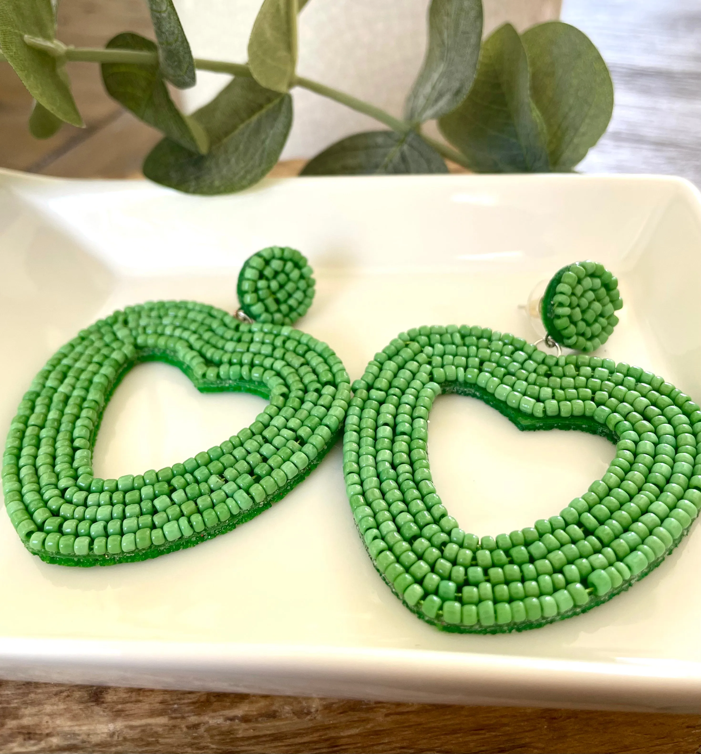 Green Beaded Heart Earrings