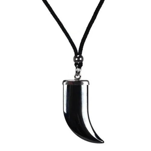 Hematite Gemstone Horn Pendant On Black Cord