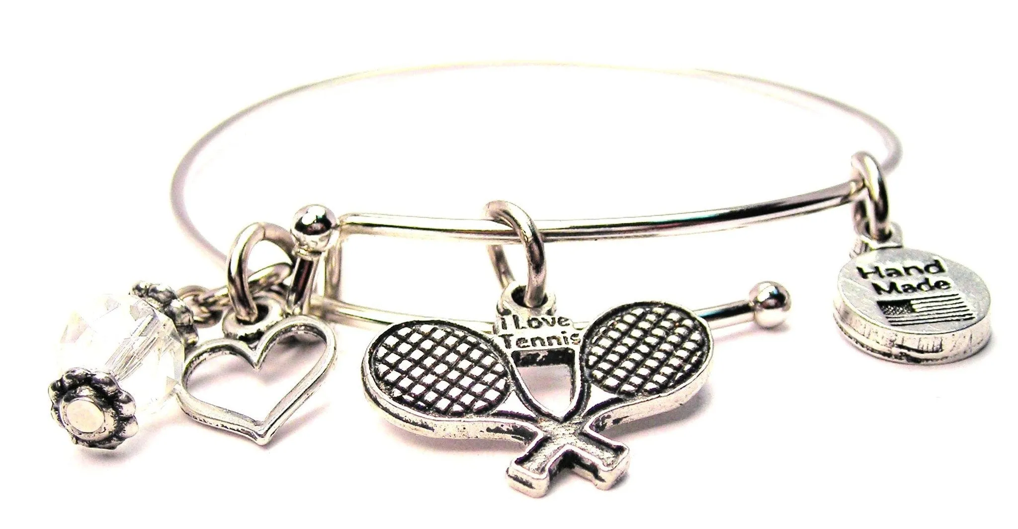 I Love Tennis With Crossed Racquets Expandable Bangle Bracelet