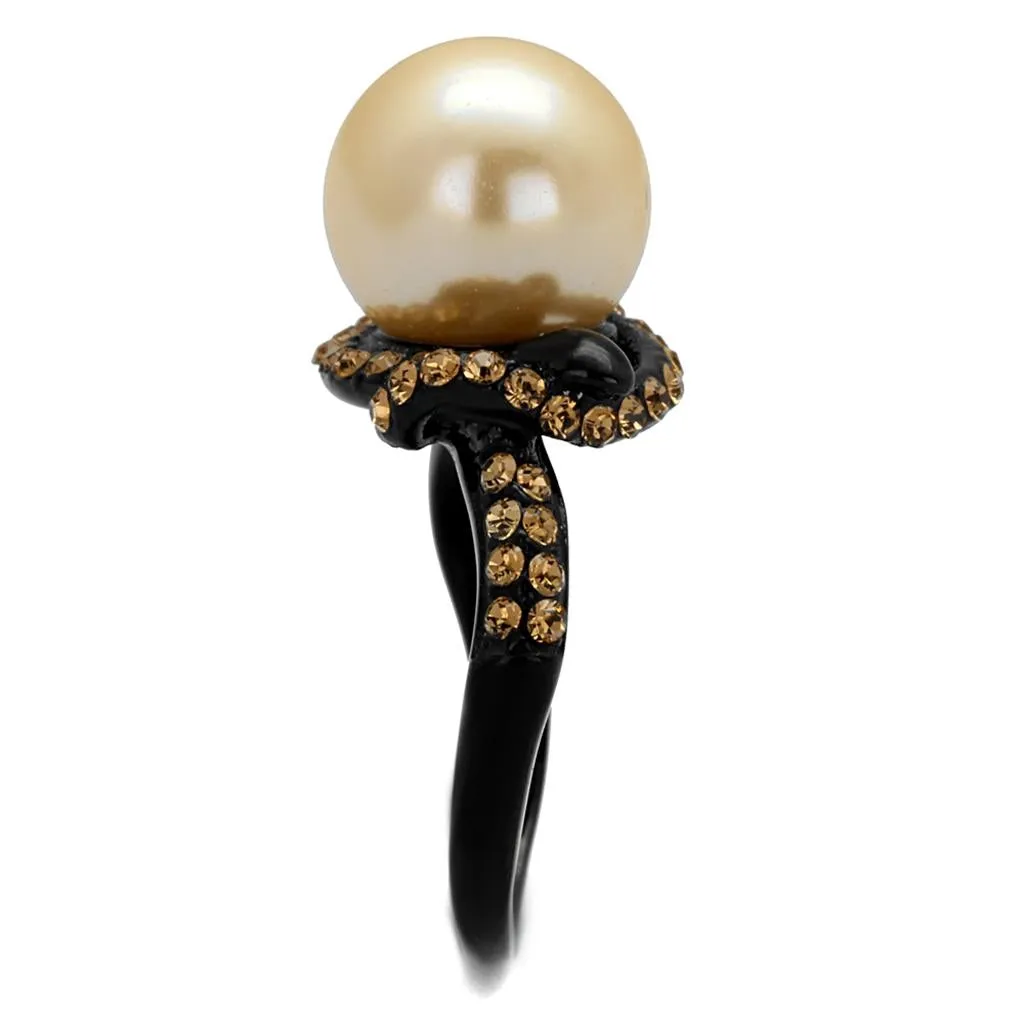 IP Black(Ion Plating) Stainless Steel Ring with Synthetic Pearl in Topaz for Women Style TK2349