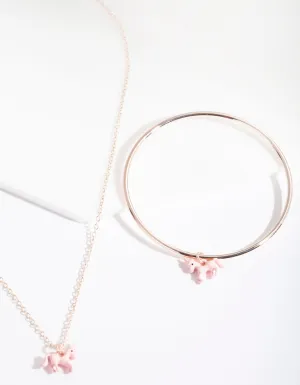 Kids Rose Gold Pink Unicorn Charm Necklace & Bangle Set