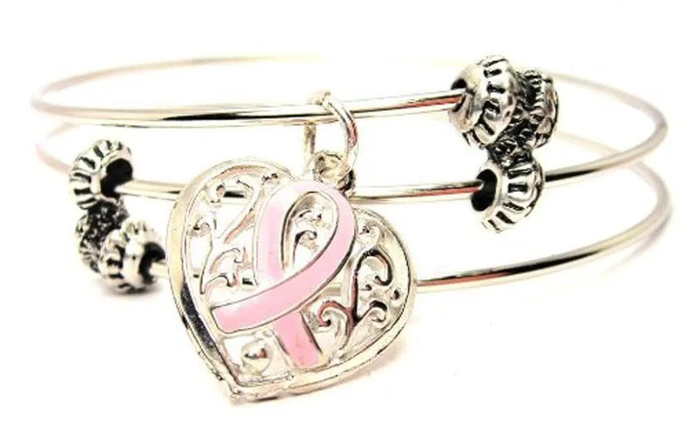 Lace Heart Awareness Ribbon Hand Painted Triple Style Expandable Bangle Bracelet