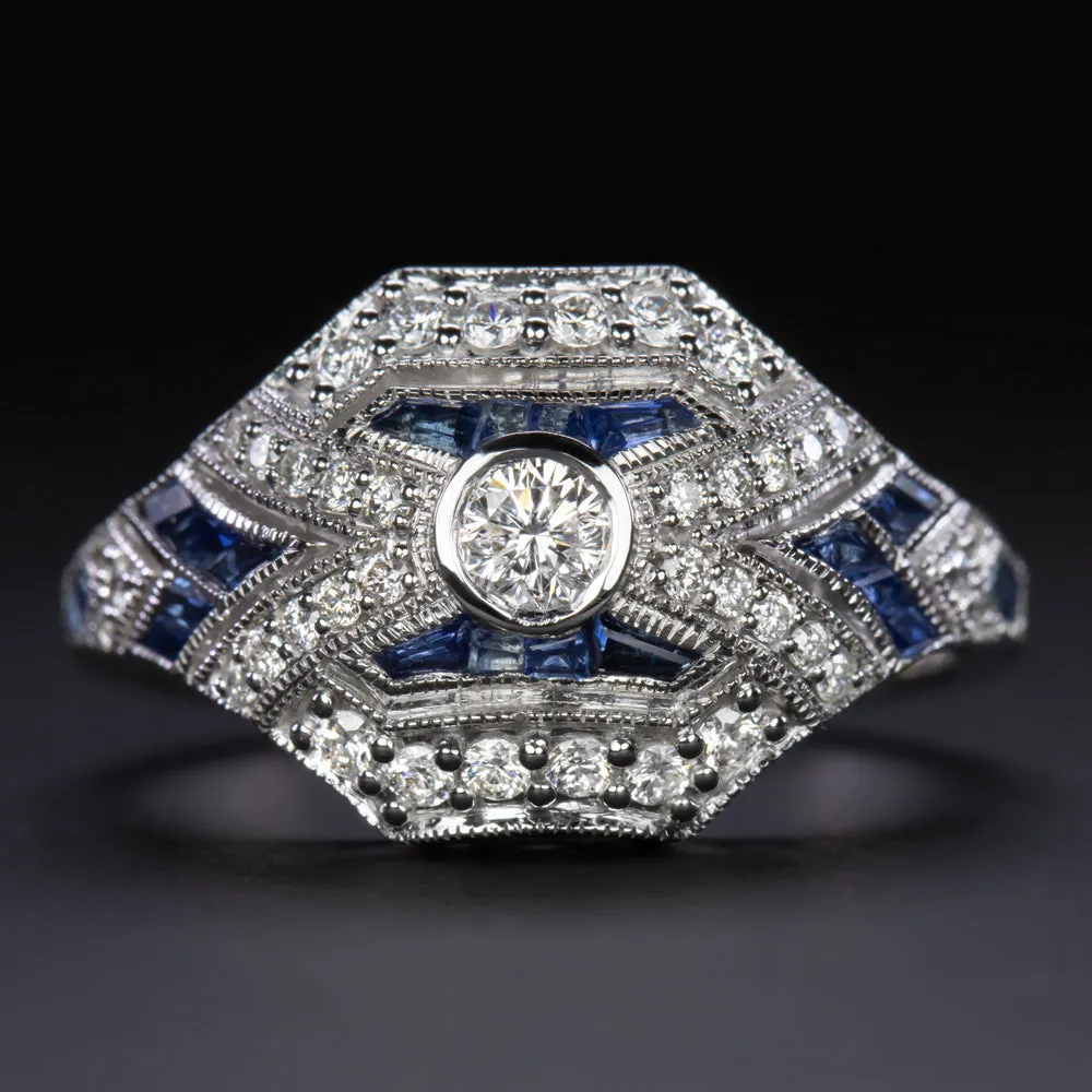 LEO CUT DIAMOND SAPPHIRE VINTAGE STYLE RING ART DECO COCKTAIL WHITE GOLD CALIBRE