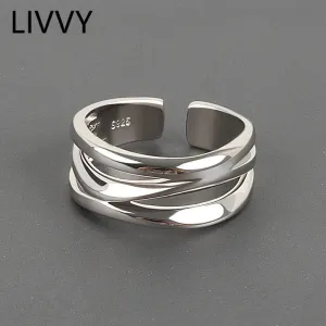 LIVVY Silver Color Multilayer Fashion Open Adjustable Wide Ring Simple For Women Man Party Fine Jewelry Classic Gift