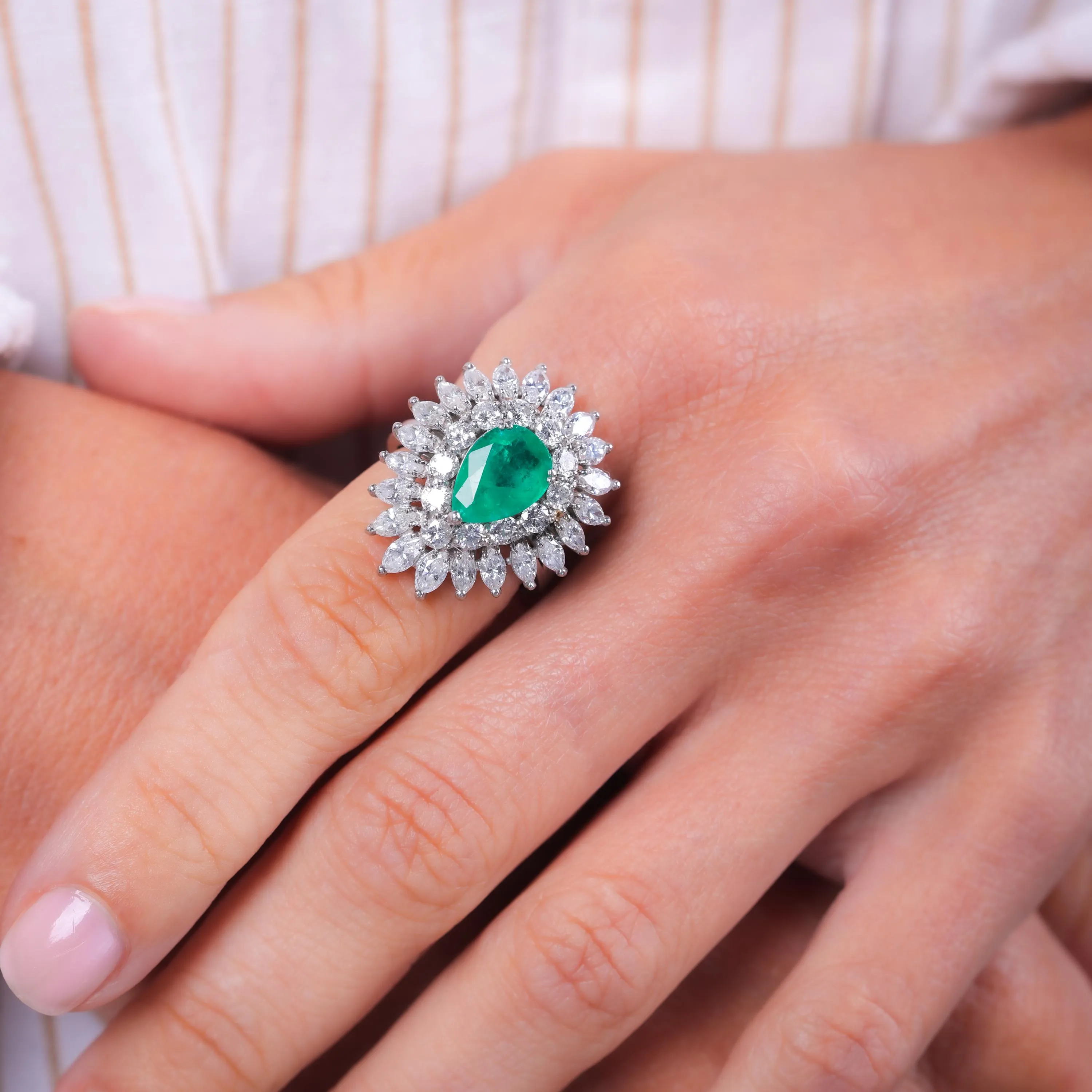 Mid Century Pear Shape Emerald Diamond 14K White Gold Cocktail Ring